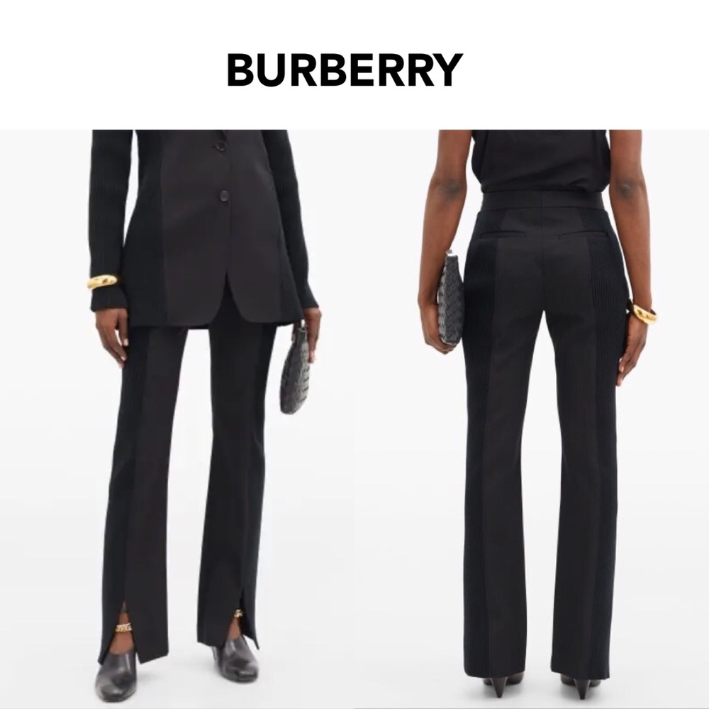 BURBERRY black Ribbed-Panel Flared Wool-Barathea Suit Trousers